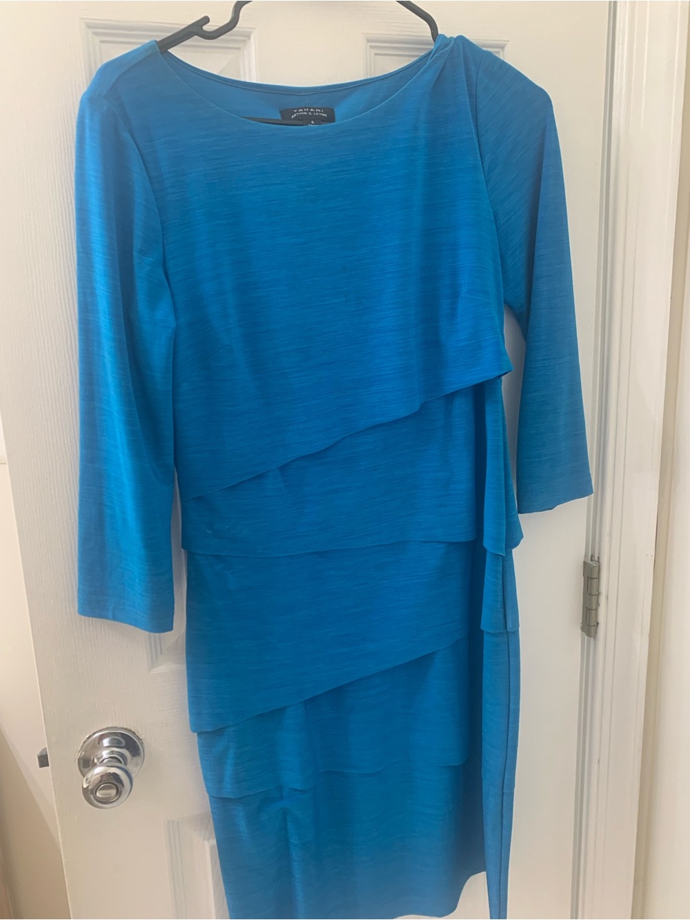 le chateau vibrant blue layered sheath dress with 3/4 sleeves